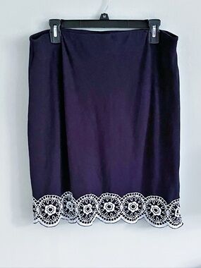 Talbots navy blue pull on skirt with white embroidery hemline